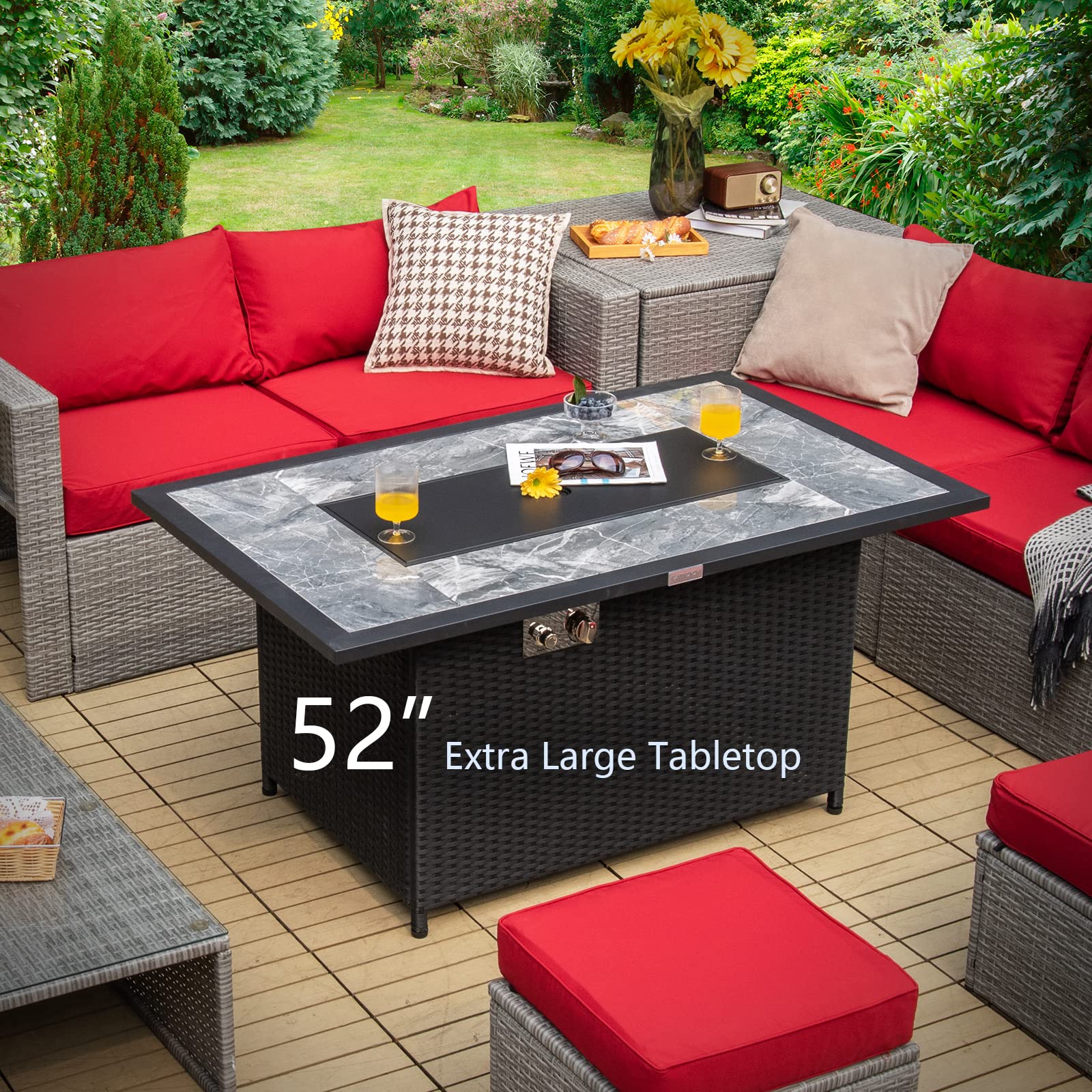 Tangkula 52 Inches Wicker Patio Propane Fire Pit Table, Patiojoy 50,000 BTU Outdoor Gas Fire Table with Auto-Ignition, Hideaway Tank Holder, Marble Tabletop, Lava Rocks, Protective Cover and Lid