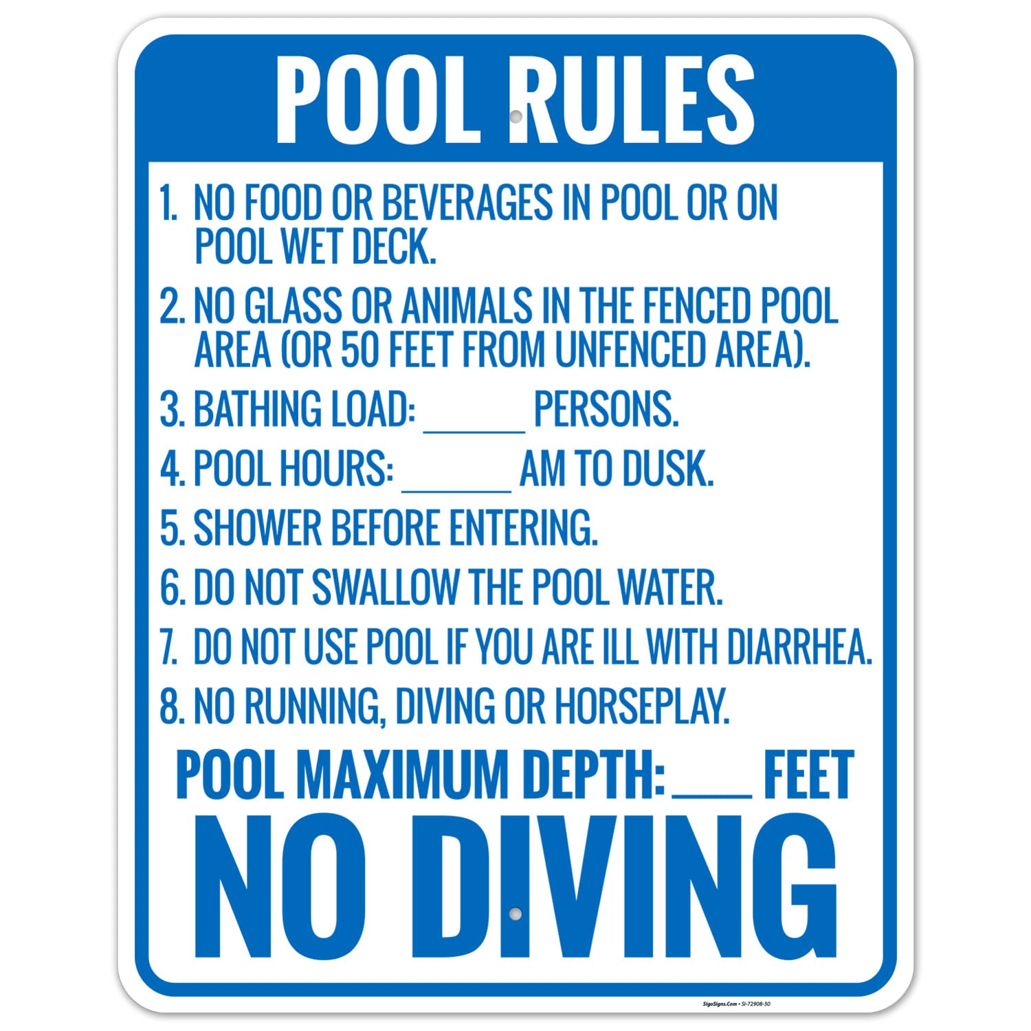 Florida Pool Rules No Diving Sign, Complies with State of Florida Pool Safety Code, 24x30 Inches, Rust Free .063 Aluminum, Fade Resistant, Made in USA by Sigo Signs