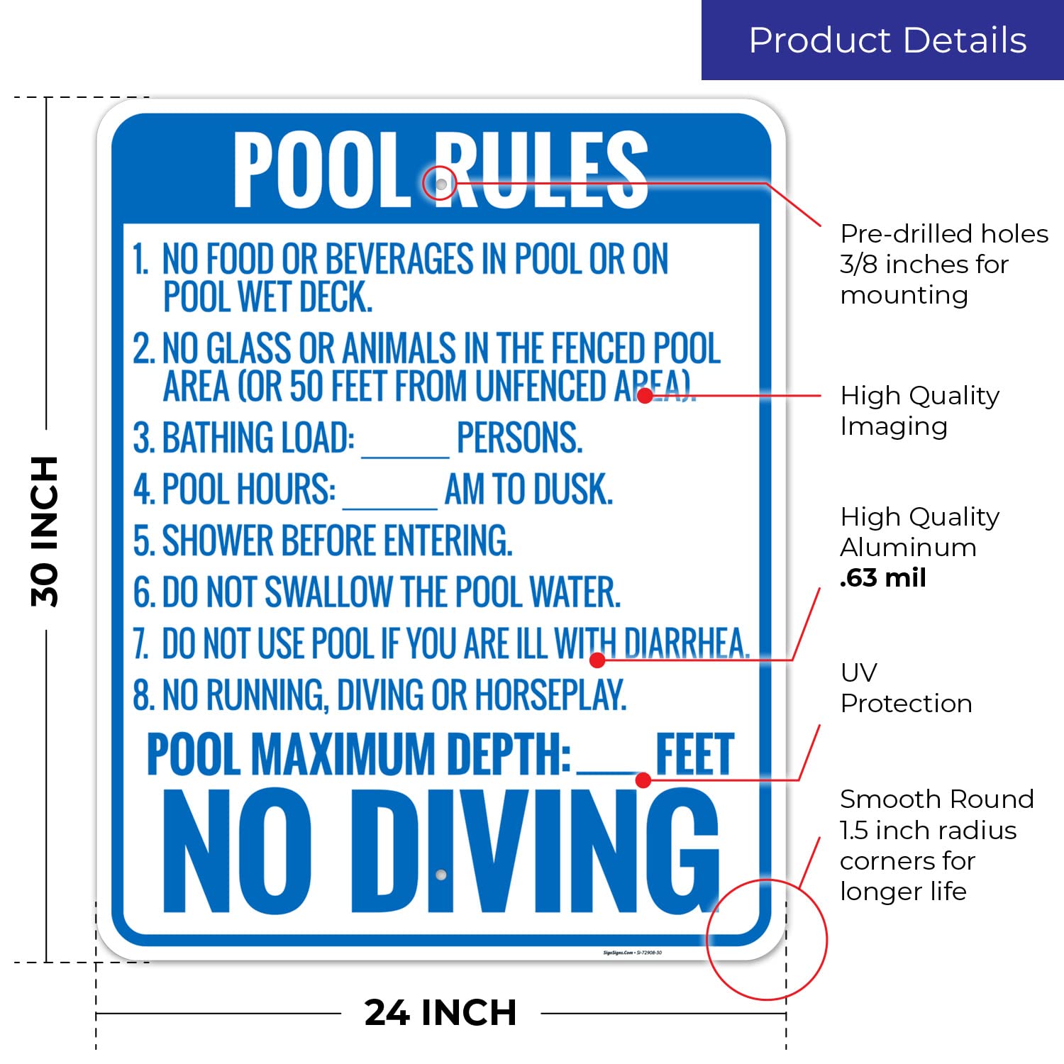 Florida Pool Rules No Diving Sign, Complies with State of Florida Pool Safety Code, 24x30 Inches, Rust Free .063 Aluminum, Fade Resistant, Made in USA by Sigo Signs