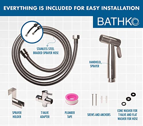 BATHKO Handheld Shattaf/Bidet Sprayer Set for Toilet - Jet Spray with Adjustable Pressure Control - Easy to Install with Leak Proof Technology - Stainless Steel Satin Finish Toilet Sprayer Kit