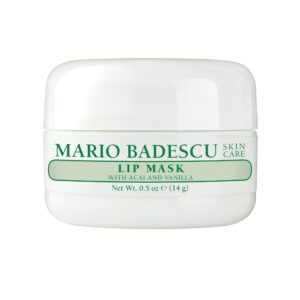 mario badescu lip mask with acai and vanilla for all skin types, overnight lip treatment enriched with skin softening coconut oil and hydrating shea butter, 0.5 ounces