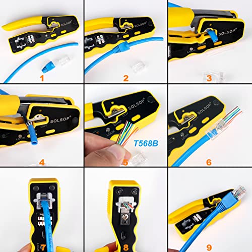 Solsop Network Cable Tester RJ45 Crimp Tool Pass Through Cat5 Cat5e Cat6 Crimping Tool Kit, 50PCS Pass Through Connectors, Mini Wire Stripper, Wire Cutter plier