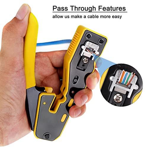 Solsop Network Cable Tester RJ45 Crimp Tool Pass Through Cat5 Cat5e Cat6 Crimping Tool Kit, 50PCS Pass Through Connectors, Mini Wire Stripper, Wire Cutter plier