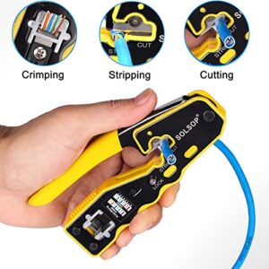 Solsop Network Cable Tester RJ45 Crimp Tool Pass Through Cat5 Cat5e Cat6 Crimping Tool Kit, 50PCS Pass Through Connectors, Mini Wire Stripper, Wire Cutter plier