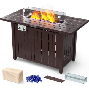 cecarol 43in glass shield outdoor propane gas fire pit table electronic pulse ignition w/glass rock, waterproof cover, 50,000 btu csa certification for outside garden patio party (brown)