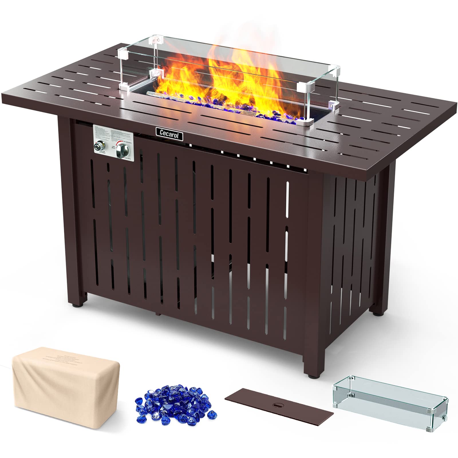 Cecarol 43in Glass Shield Outdoor Propane Gas Fire Pit Table Electronic Pulse Ignition w/Glass Rock, Waterproof Cover, 50,000 BTU CSA Certification for Outside Garden Patio Party (Brown)