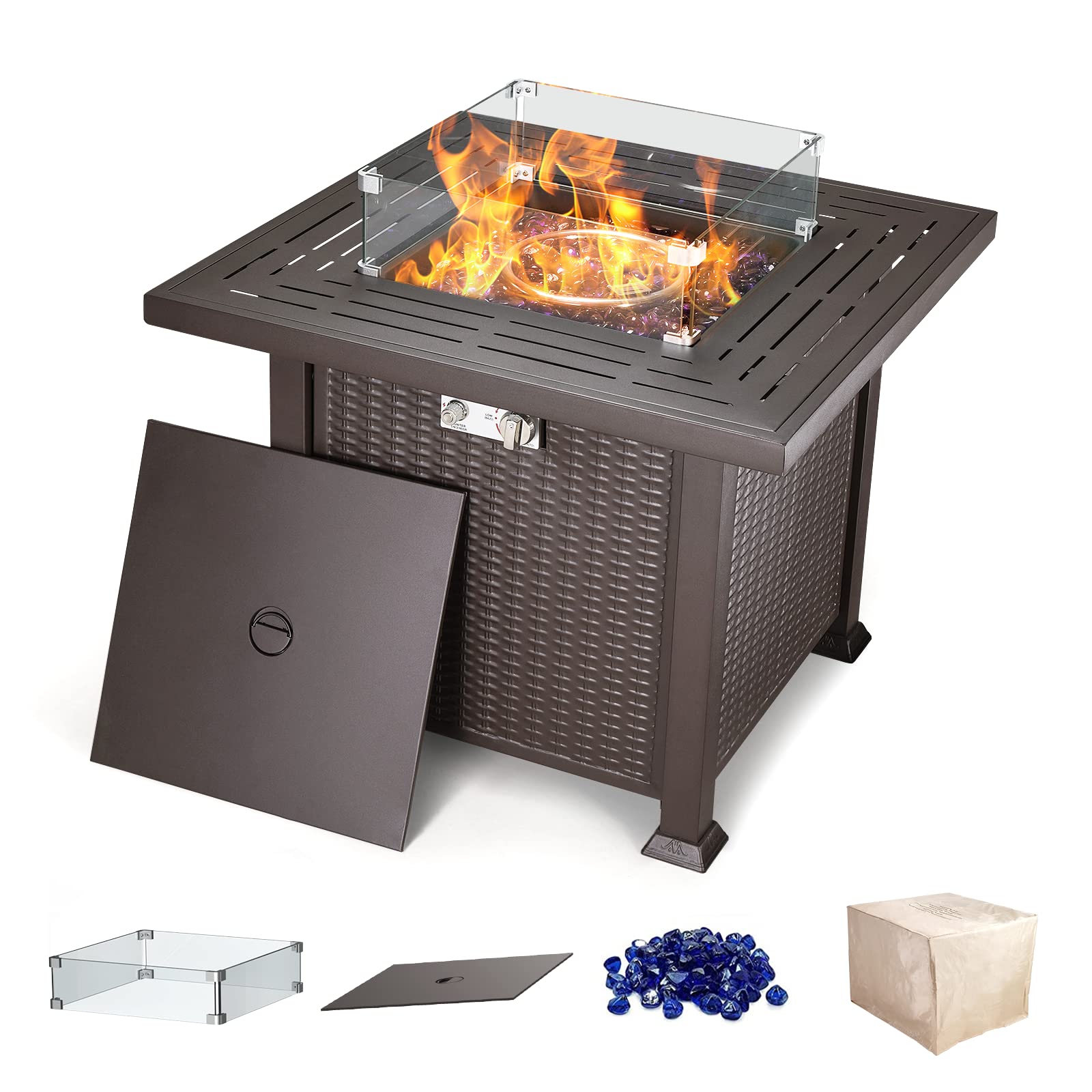 Cecarol 32 in Outdoor Propane Gas Fire Pit Table Electronic Pulse Ignition with Glass Wind Guard, Glass Rock, Waterproof Cover, 50,000 BTU CSA Certification for Outside Garden Patio Party (Brown)