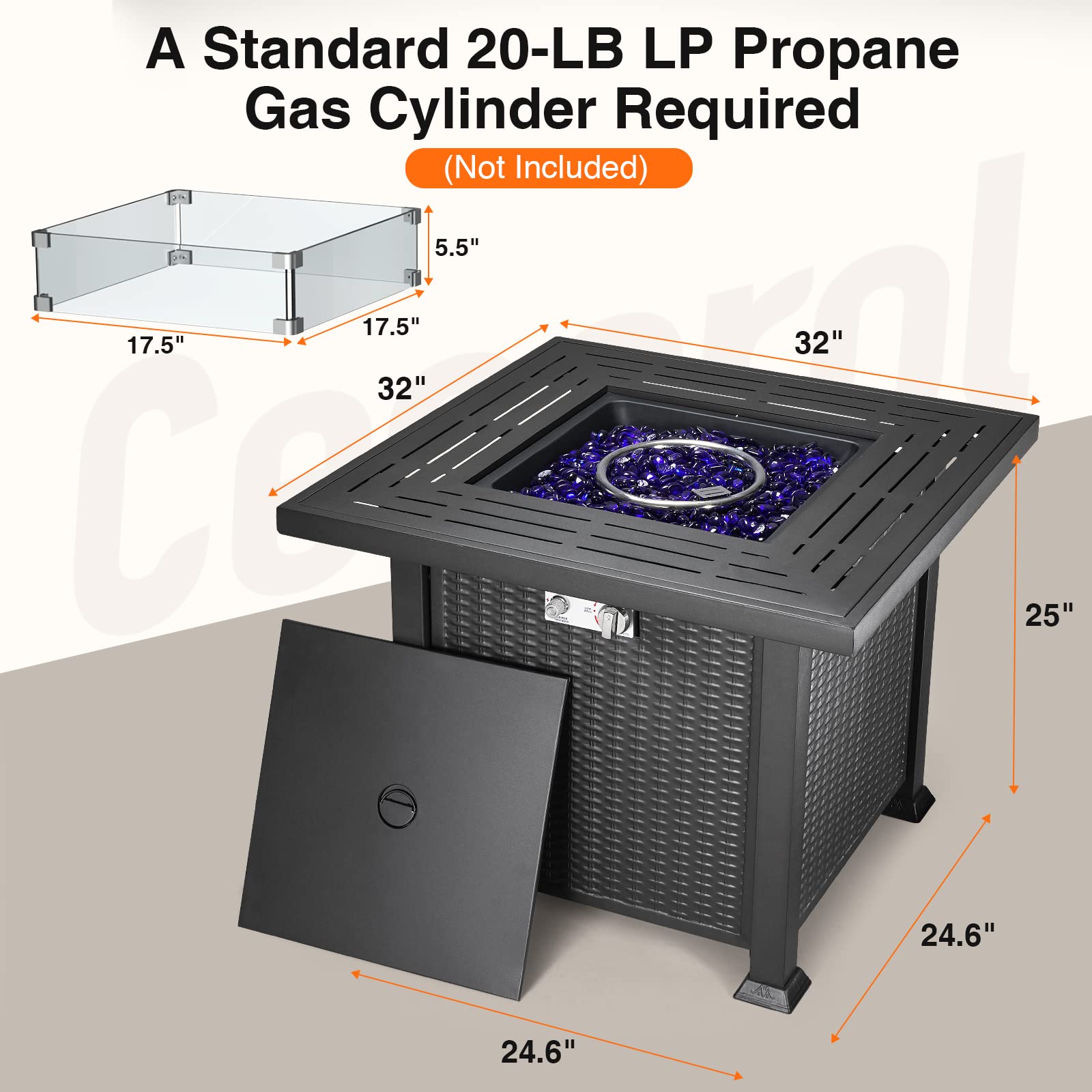 Cecarol 32 in Outdoor Propane Gas Fire Pit Table Electronic Pulse Ignition with Glass Wind Guard, Glass Rock, Waterproof Cover, 50,000 BTU CSA Certification for Outside Garden Patio Party (Brown)