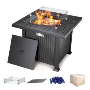 cecarol 32 in outdoor propane gas fire pit table electronic pulse ignition with glass wind guard, glass rock, waterproof cover, 50,000 btu csa certification for outside garden patio party (black)