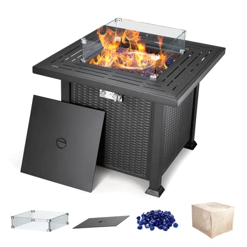 Cecarol 32 in Outdoor Propane Gas Fire Pit Table Electronic Pulse Ignition with Glass Wind Guard, Glass Rock, Waterproof Cover, 50,000 BTU CSA Certification for Outside Garden Patio Party (Black)