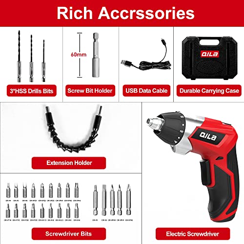 QILA Cordless Screwdriver, Screw Gun 4V Electric Screwdriver Set with Bright LED Light & Flashlight, 28 Accessory Kit & Chrger in Carrying Case, 4N.m Screw Gun, 10+1 Torque Setting, 2 Position Handle