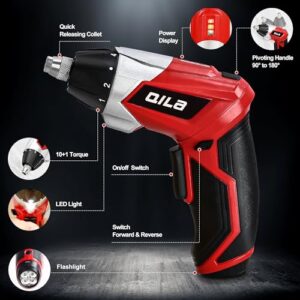 QILA Cordless Screwdriver, Screw Gun 4V Electric Screwdriver Set with Bright LED Light & Flashlight, 28 Accessory Kit & Chrger in Carrying Case, 4N.m Screw Gun, 10+1 Torque Setting, 2 Position Handle