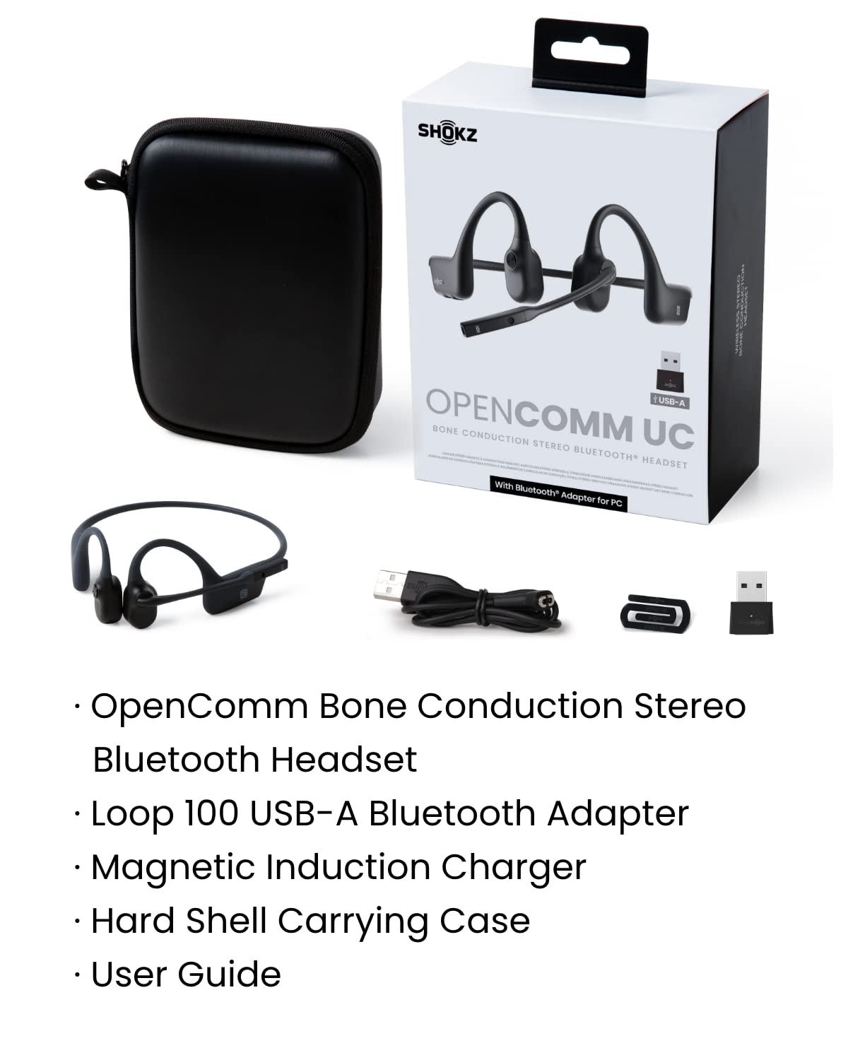 SHOKZ OpenComm UC Bone Conduction Bluetooth Stereo Computer Headset with Loop110 USB-C Adapter-Wireless PC Headphones with Noise-Canceling Boom Microphone for Home Office Use,with Bookmark