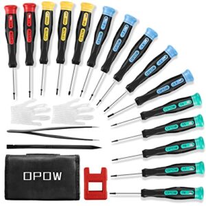 opow 19-piece precision screwdriver set with pouch, phillips, slotted, pentalobe torx star for pc, laptop, phone, camera, eyeglass, watch, toys, non-slip grip, magnetic small screwdrivers set