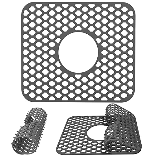 Fubullish Silicone Sink Mat, Kitchen Sink Protector Grid Accessory with Center Drain, Folding Non-Slip Sink Mats for Bottom of Farmhouse Stainless Steel Porcelain Sink, 13.58'' x 11.6''