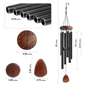 Litu Wind Chimes for Outside with Wood Wind Catcher, 37 Inches Large Aluminum Windchimes Outdoors for Patio Decoration & Zen Atmosphere, Great as a Gift for Family & Relative(Black)