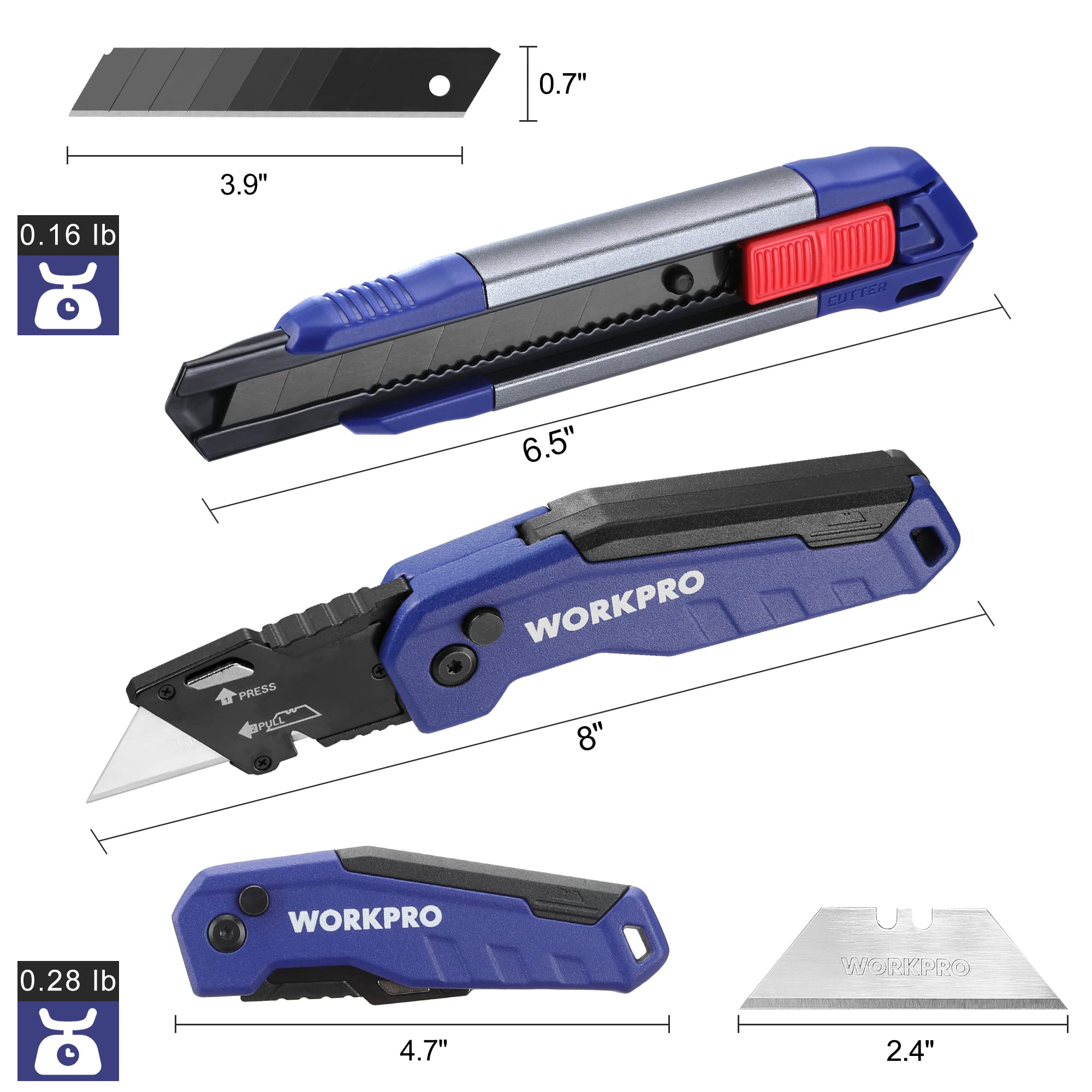 WORKPRO Utility Knife, 2-piece, Folding Box Cutter and 18mm Snap-off Knife, Light Weight Aluminum Body with Stainless Quick Change Blade Holder, Extra 20 SK5 Blades Included