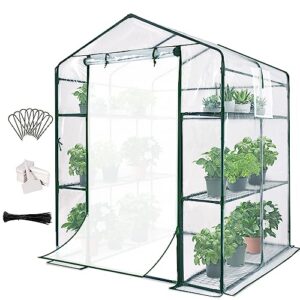 quictent 4.7 x 4.7 x 6.4 ft walk-in greenhouse, mesh door & windows, 3 tiers 12 shelves, mini portable indoor outdoor garden plant green house, clear