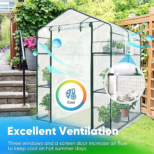 Quictent 4.7 x 4.7 x 6.4 FT Walk-in Greenhouse, Mesh Door & Windows, 3 Tiers 12 Shelves, Mini Portable Indoor Outdoor Garden Plant Green House, Clear