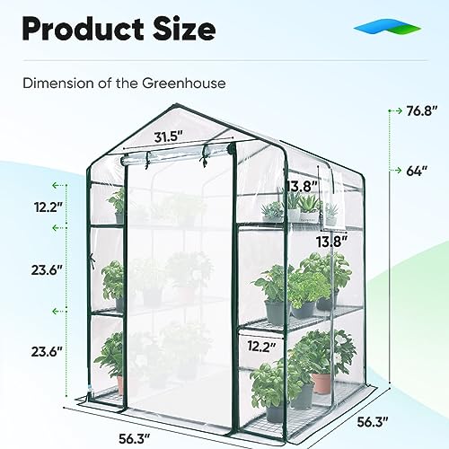 Quictent 4.7 x 4.7 x 6.4 FT Walk-in Greenhouse, Mesh Door & Windows, 3 Tiers 12 Shelves, Mini Portable Indoor Outdoor Garden Plant Green House, Clear