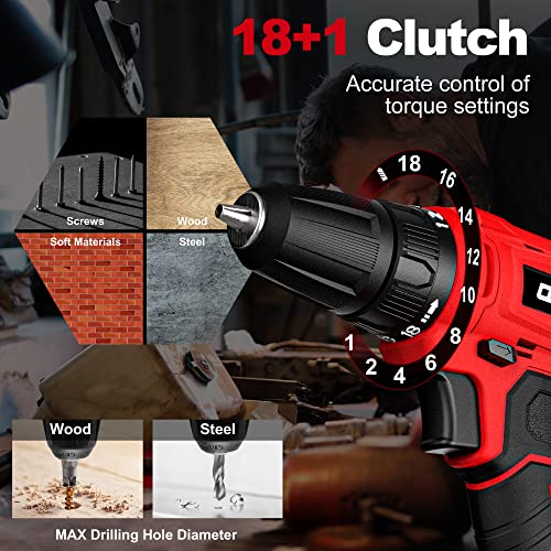 QILA 20V MAX Cordless Drill and Driver, 3/8'' Keyless Chuck, Power Drill Cordless Set with 2.0Ah Battery & Charger, Electric Drill with Variable Speed, 2 Variable Speed, 18+1Position, 22pcs Drill Bits