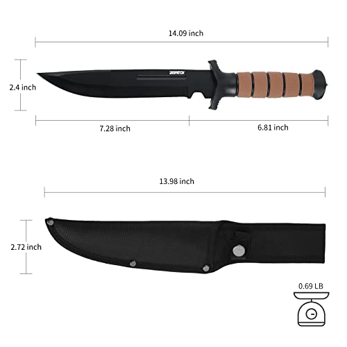 Dispatch Tactical Bowie Survival Hunting Rambo Bushcraft Knife with Protective Sheath Military Combat Fixed Blade, with Non-Slip Handle, for Camping, Hunting, and Adventure, 14" Closed