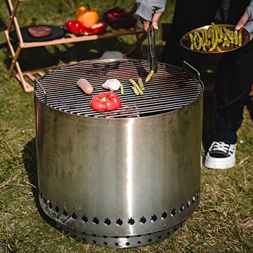 DIYTuning 19.5" Portable Wood Burning Smokeless Bonfire Pit Stove Steel Backyard Outdoor for Cooking Camping Picnic BBQ Patio Deck with Stand & Carry Case Silver