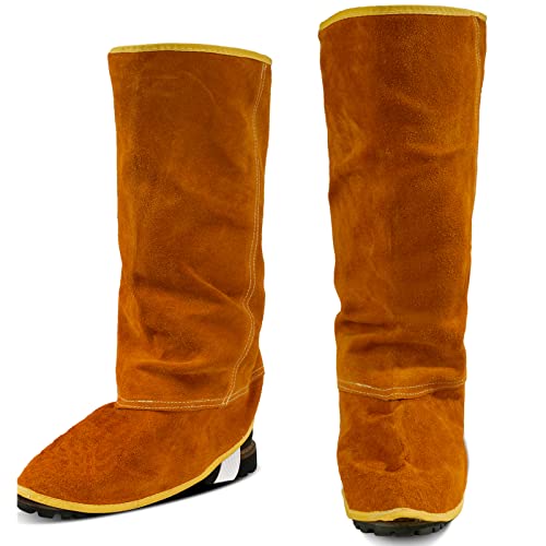 QeeLink Leather Welding Spats Extra Long - Heat and Abrasion Resistant Welding Boot Covers - Full Coverage Shoes Protectors - Welding Gaiters, 1 Pair