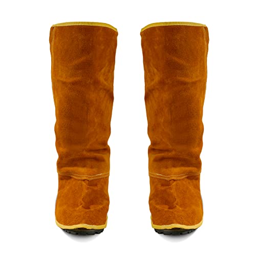QeeLink Leather Welding Spats Extra Long - Heat and Abrasion Resistant Welding Boot Covers - Full Coverage Shoes Protectors - Welding Gaiters, 1 Pair