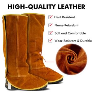 QeeLink Leather Welding Spats Extra Long - Heat and Abrasion Resistant Welding Boot Covers - Full Coverage Shoes Protectors - Welding Gaiters, 1 Pair