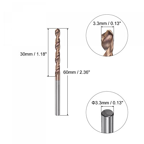 uxcell Twist Drill Bit, 3.3mm Jobber Drill Bit Nanoscale Titanium Coated K35 Tungsten Carbide Straight Shank 60mm Length for Drilling Stainless Steel Alloy Steel