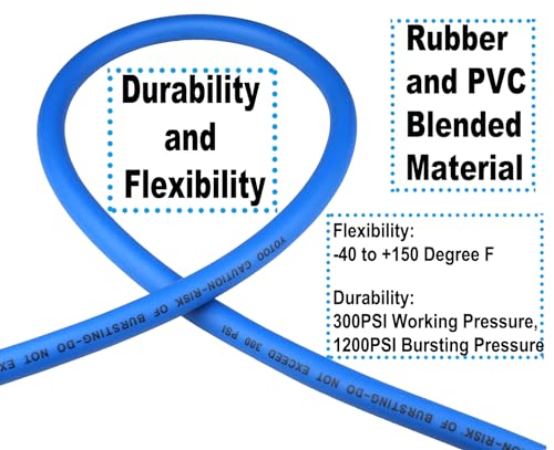YOTOO Hybrid Lead-In Air Hose, 1/4"x10' Air Compressor Hose, 300 PSI, Heavy Duty, Lightweight, Kink Resistant, All-Weather Flexibility with 1/4-Inch Industrial Air Fittings and Bend Restrictors, Blue