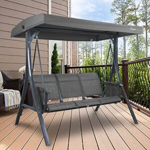 Kozyard Brenda 3-Seat Patio Swing Chair, Outdoor Porch Swing Glider with Adjustable Canopy, Side Pouches, Breathable Seat and Back, for Garden, Poolside, Backyard (Gray)