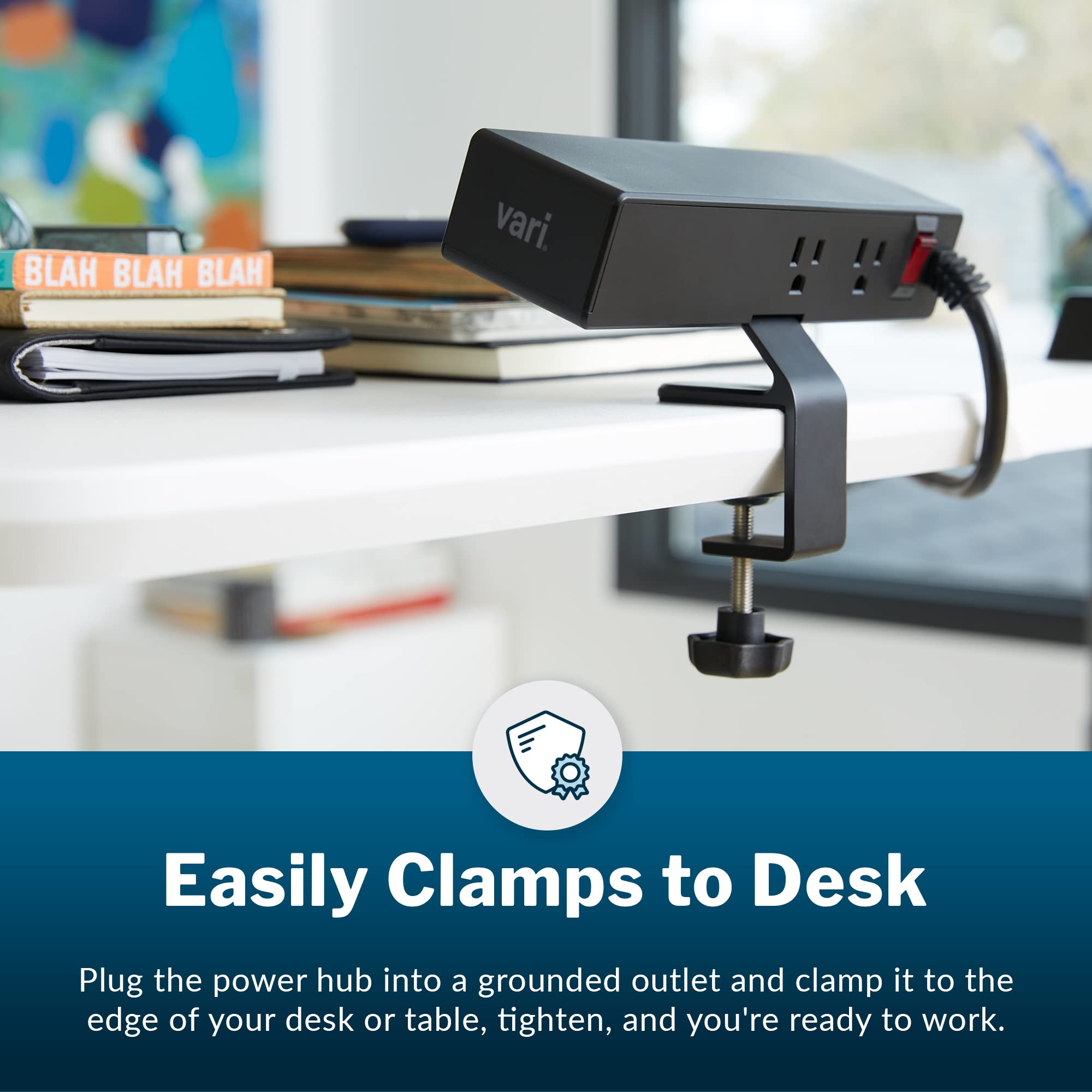 Vari Power Hub - Black Multiple Outlet Power Charging Station with Desk Mount - 5 AC outlets, 2 USB Ports, 12" Cord - Fast Charging for Work or Home Office - Easy to Install with No Tools Needed