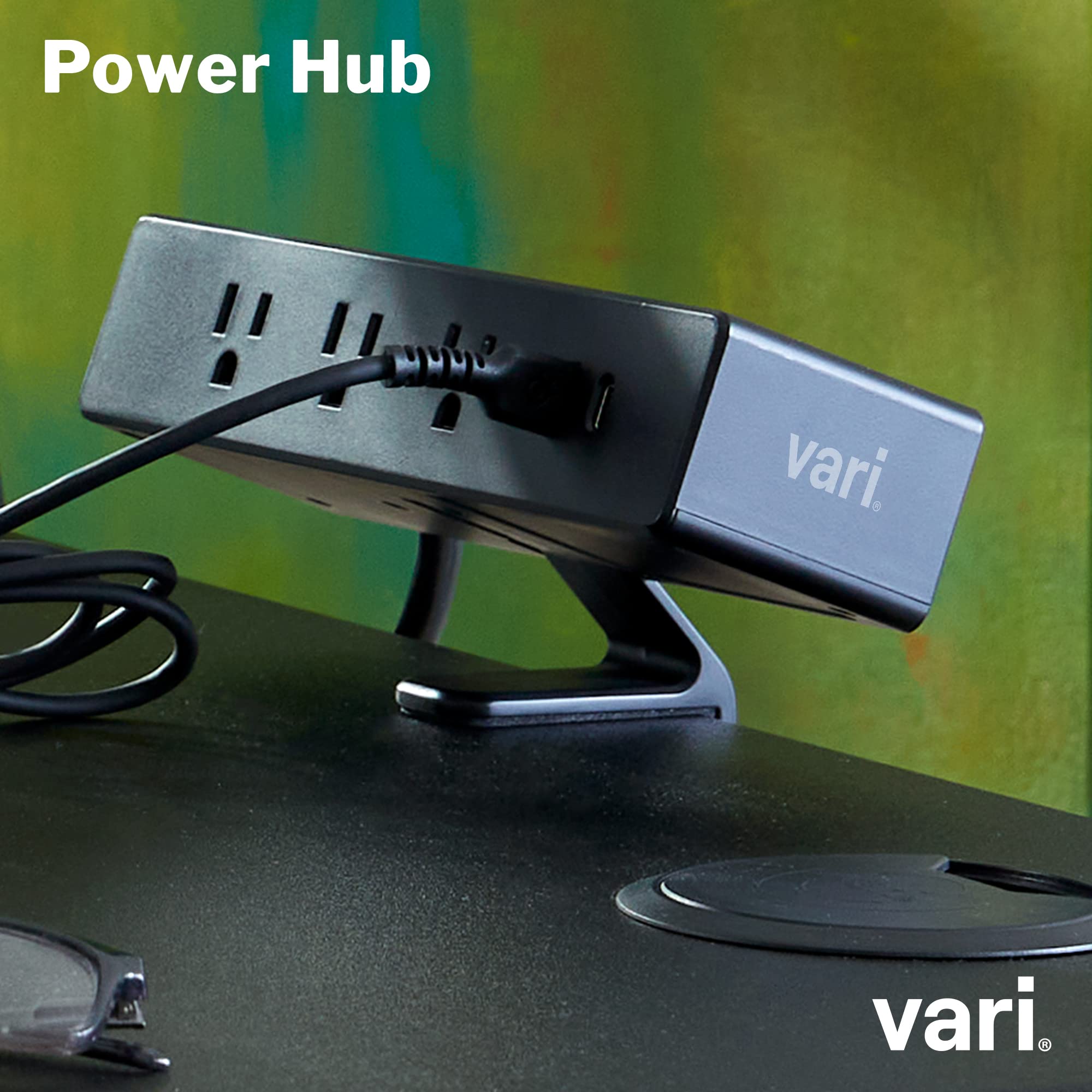 Vari Power Hub - Black Multiple Outlet Power Charging Station with Desk Mount - 5 AC outlets, 2 USB Ports, 12" Cord - Fast Charging for Work or Home Office - Easy to Install with No Tools Needed
