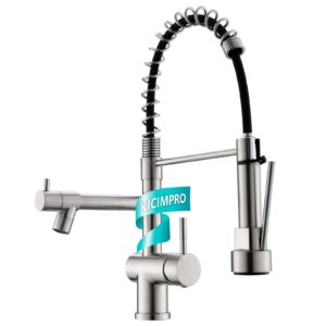 kicimpro faucet for kitchen sink, commercial kitchen faucet with pull down sprayer brushed nickel spring single handle high arc stainless steel kitchen bar sink faucet 1 hole or 3 hole compatible