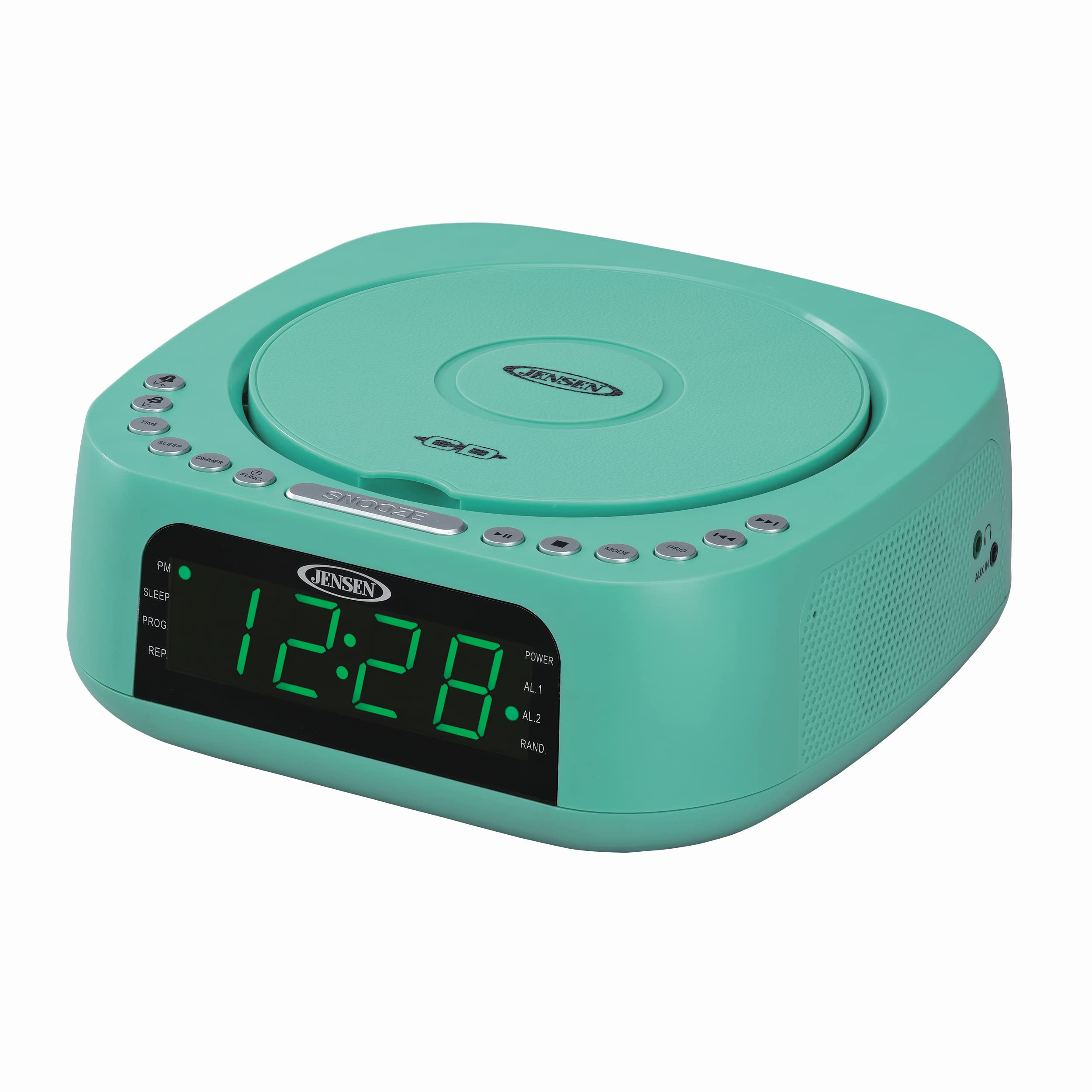 Jensen Teal Modern Home Audio CD Player Tabletop Stereo Dual Alarm Clock Digital FM Radio | Top-Loading CD/MP3/WMA Player | USB Charging Port 2.1A | Headphone Jack | 0.9 Display Green LED