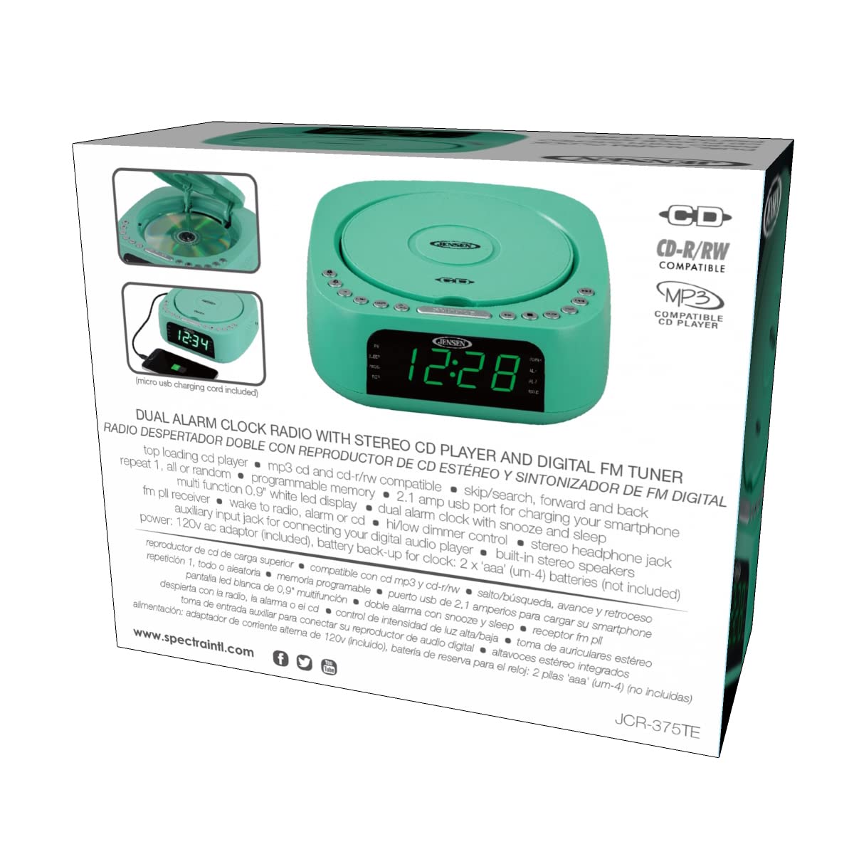 Jensen Teal Modern Home Audio CD Player Tabletop Stereo Dual Alarm Clock Digital FM Radio | Top-Loading CD/MP3/WMA Player | USB Charging Port 2.1A | Headphone Jack | 0.9 Display Green LED