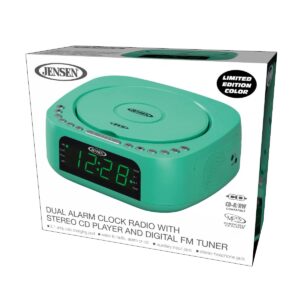 Jensen Teal Modern Home Audio CD Player Tabletop Stereo Dual Alarm Clock Digital FM Radio | Top-Loading CD/MP3/WMA Player | USB Charging Port 2.1A | Headphone Jack | 0.9 Display Green LED