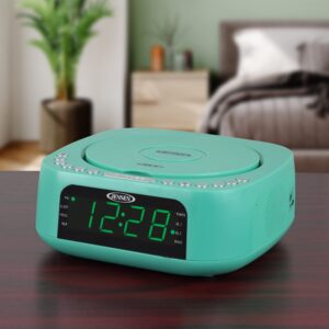 Jensen Teal Modern Home Audio CD Player Tabletop Stereo Dual Alarm Clock Digital FM Radio | Top-Loading CD/MP3/WMA Player | USB Charging Port 2.1A | Headphone Jack | 0.9 Display Green LED