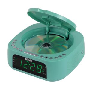 Jensen Teal Modern Home Audio CD Player Tabletop Stereo Dual Alarm Clock Digital FM Radio | Top-Loading CD/MP3/WMA Player | USB Charging Port 2.1A | Headphone Jack | 0.9 Display Green LED