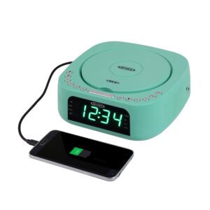 Jensen Teal Modern Home Audio CD Player Tabletop Stereo Dual Alarm Clock Digital FM Radio | Top-Loading CD/MP3/WMA Player | USB Charging Port 2.1A | Headphone Jack | 0.9 Display Green LED