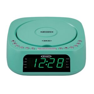 Jensen Teal Modern Home Audio CD Player Tabletop Stereo Dual Alarm Clock Digital FM Radio | Top-Loading CD/MP3/WMA Player | USB Charging Port 2.1A | Headphone Jack | 0.9 Display Green LED