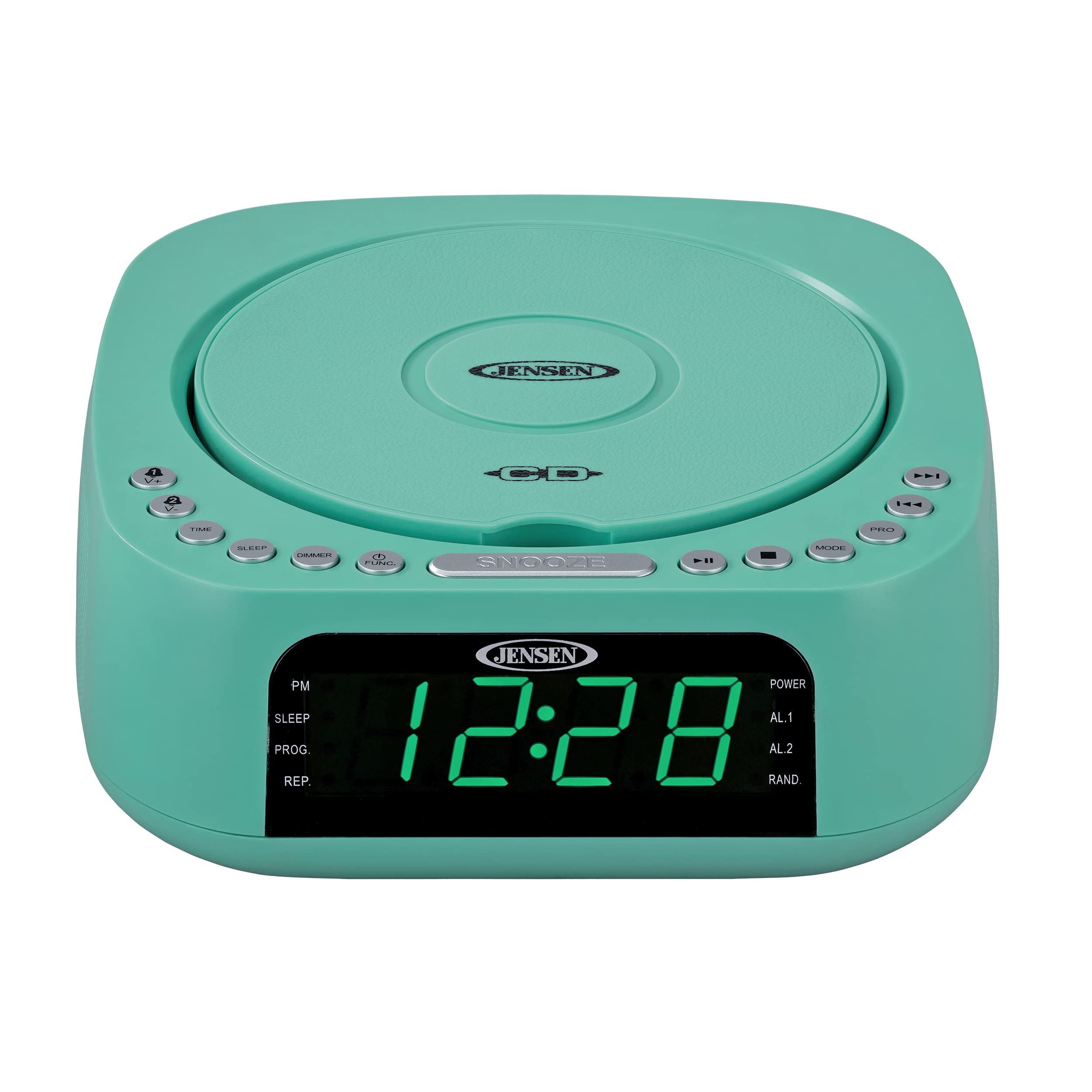 Jensen Teal Modern Home Audio CD Player Tabletop Stereo Dual Alarm Clock Digital FM Radio | Top-Loading CD/MP3/WMA Player | USB Charging Port 2.1A | Headphone Jack | 0.9 Display Green LED