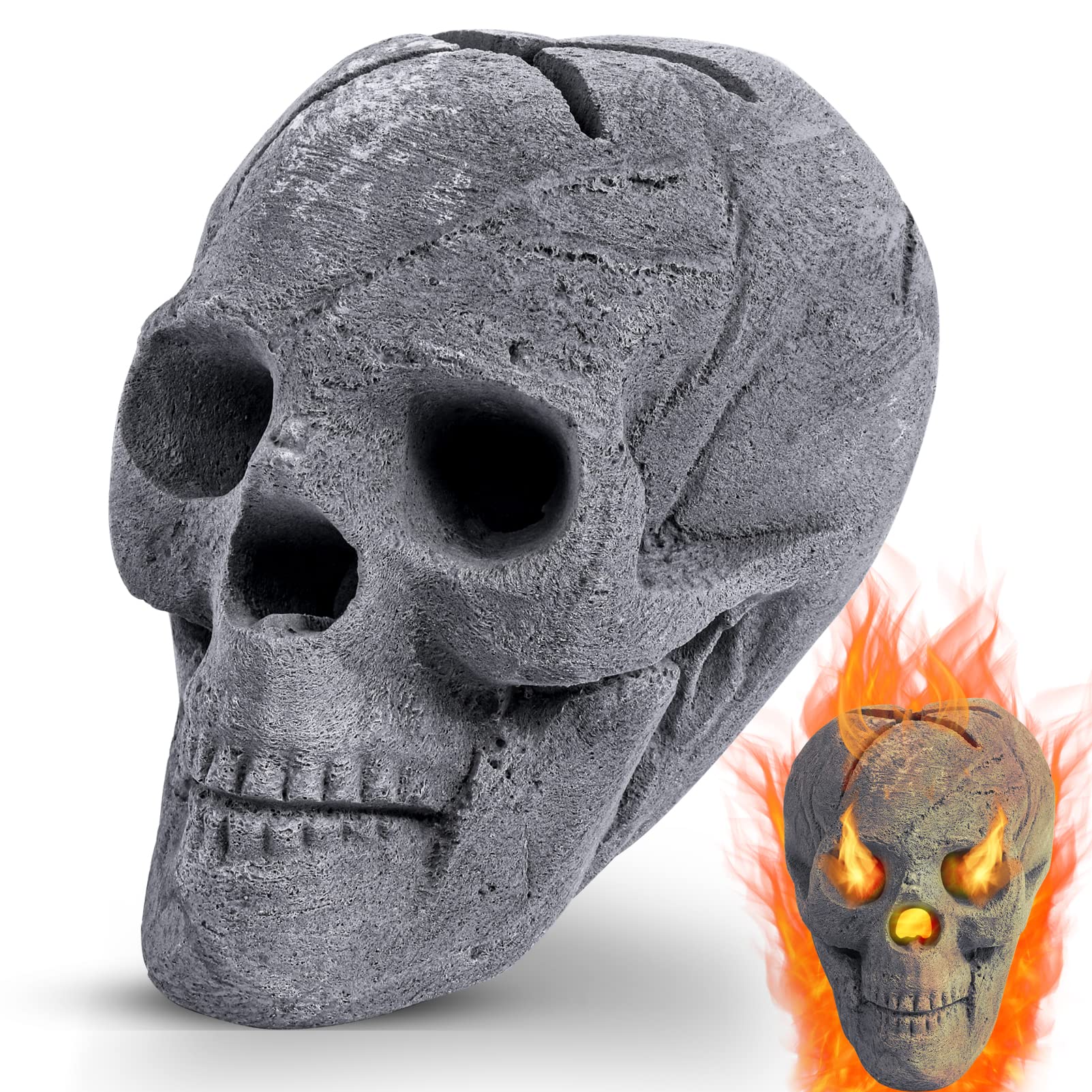 Fireproof Fire Pit Skulls Log, Imitated Human Skull Fire Logs for Indoor or Outdoor Fireplace, Bonfire, Campfire, Waterfire, Firepit Halloween Decor, Ceramic Fibers, 9 Inch - Gray