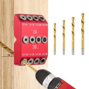bestmal drill guide jig, 4 bits for straight and 30 45 90 degree angled holes, 4 sizes, all metal jig for stairs handrail, cable railing, deck, wood post and lag screw