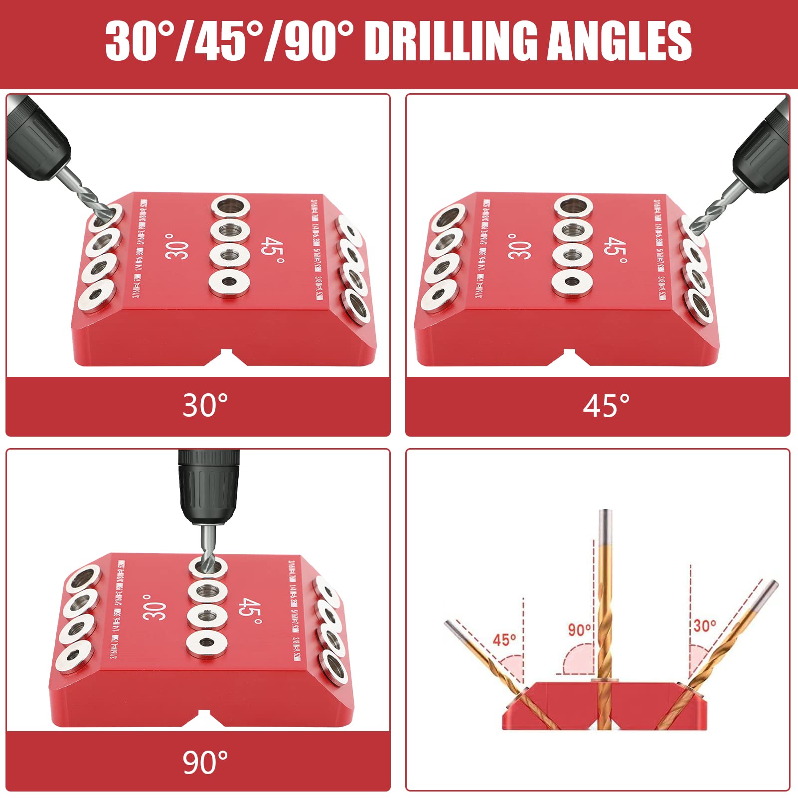 BestMal Drill Guide Jig, 4 Bits for Straight and 30 45 90 Degree Angled Holes, 4 Sizes, All Metal Jig for Stairs Handrail, Cable Railing, Deck, Wood Post and Lag Screw