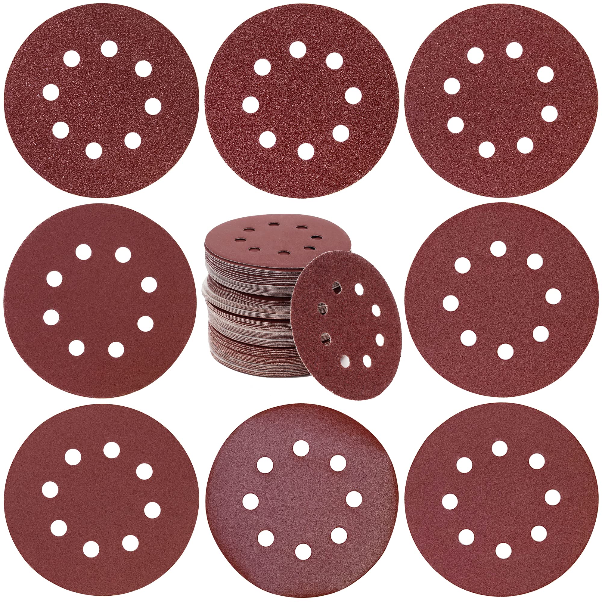 HIHANG Sandpaper Sanding Discs 5 Inch 8 Hole 80PCS 40 60 80 120 180 240 320 400 Grit, Hook and Loop Sanding Pads for Random Orbital Sander