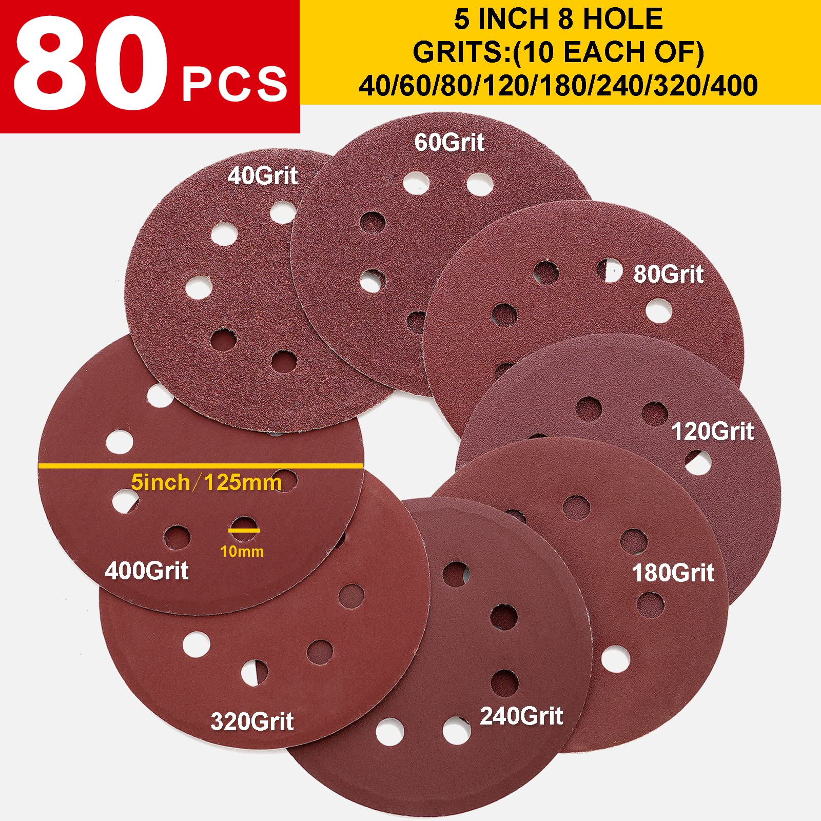 HIHANG Sandpaper Sanding Discs 5 Inch 8 Hole 80PCS 40 60 80 120 180 240 320 400 Grit, Hook and Loop Sanding Pads for Random Orbital Sander