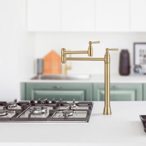 Pot Filler Deck Mount Stove Faucet, ARCORA Brushed Gold Pot Filler Faucet, Folding Faucet with Stretchable Double Joint Swing Arms, Solid Brass Pot Filler